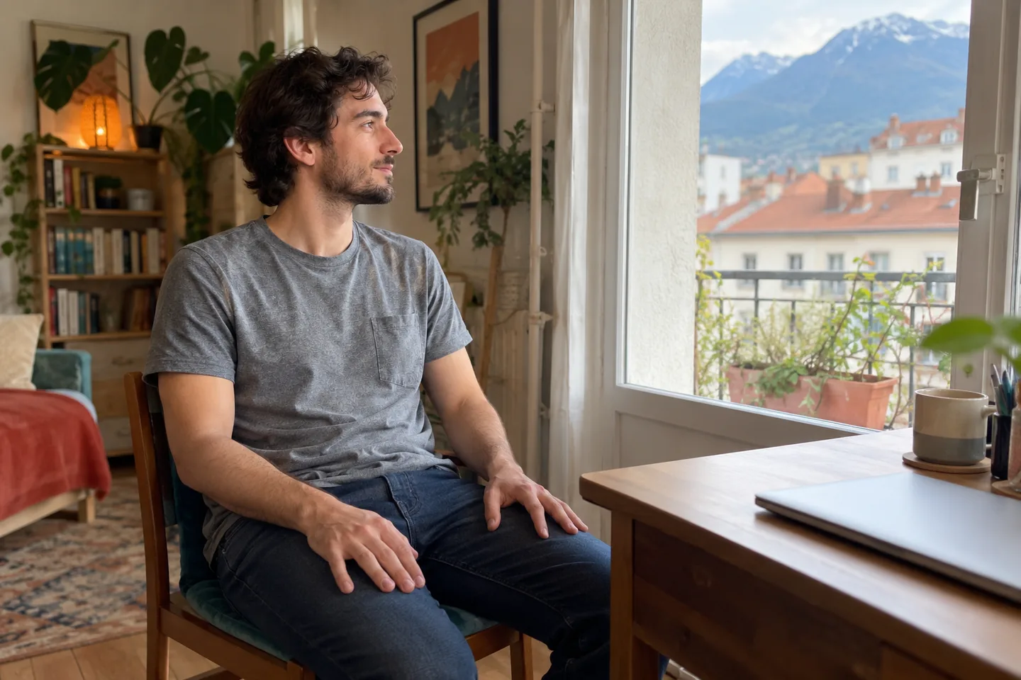 Homme assis près d’un bureau, les mains posées sur les cuisses.