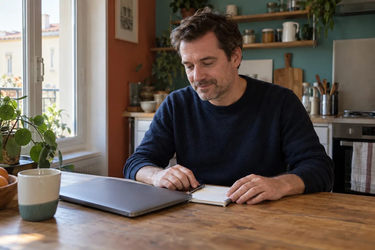 Homme assis à une table avec un ordinateur fermé et un carnet.