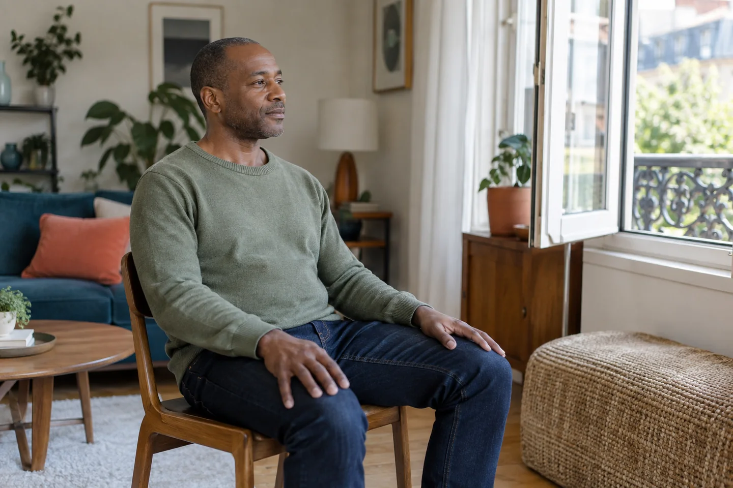 Une personne assise confortablement près d’une fenêtre, les mains posées sur les cuisses.