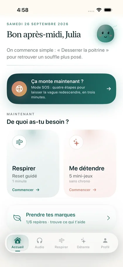 Accueil de Respire avec l’accès au mode SOS