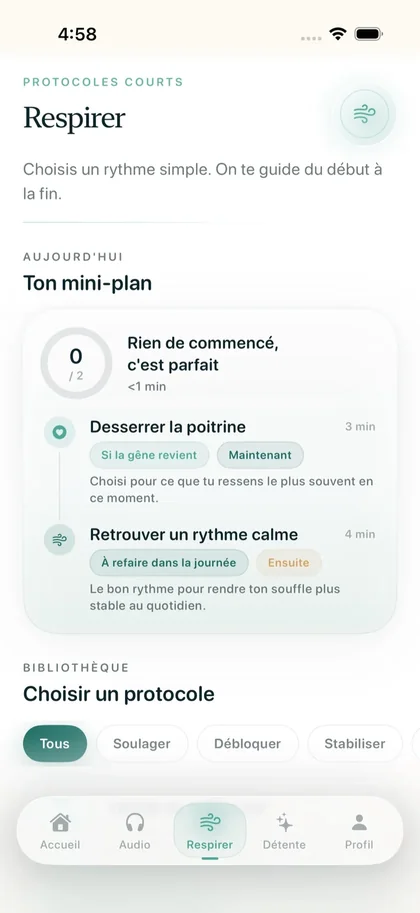 Écran « Respirer » de Respire avec le mini-plan du jour