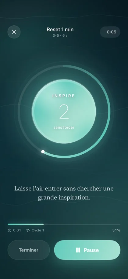 Séance « Reset 1 min » guidée par un cercle dans Respire