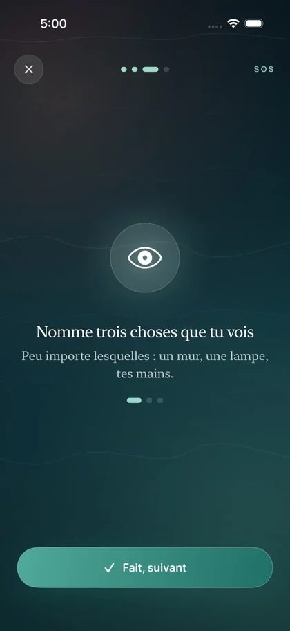 Écran « Nomme trois choses que tu vois » de Respire