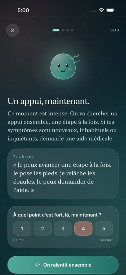 Écran « Un appui, maintenant » du mode SOS de Respire