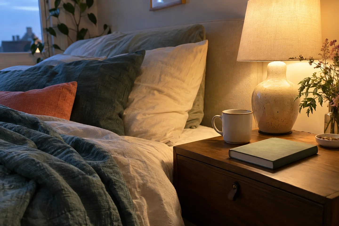 Une lampe douce, un livre fermé et une tasse posés sur une table de chevet.
