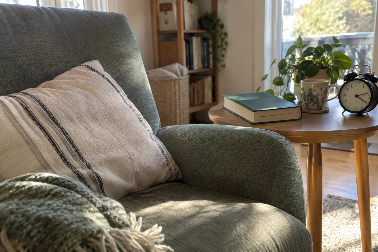 Un fauteuil avec coussin, un livre fermé et un réveil sur une petite table.