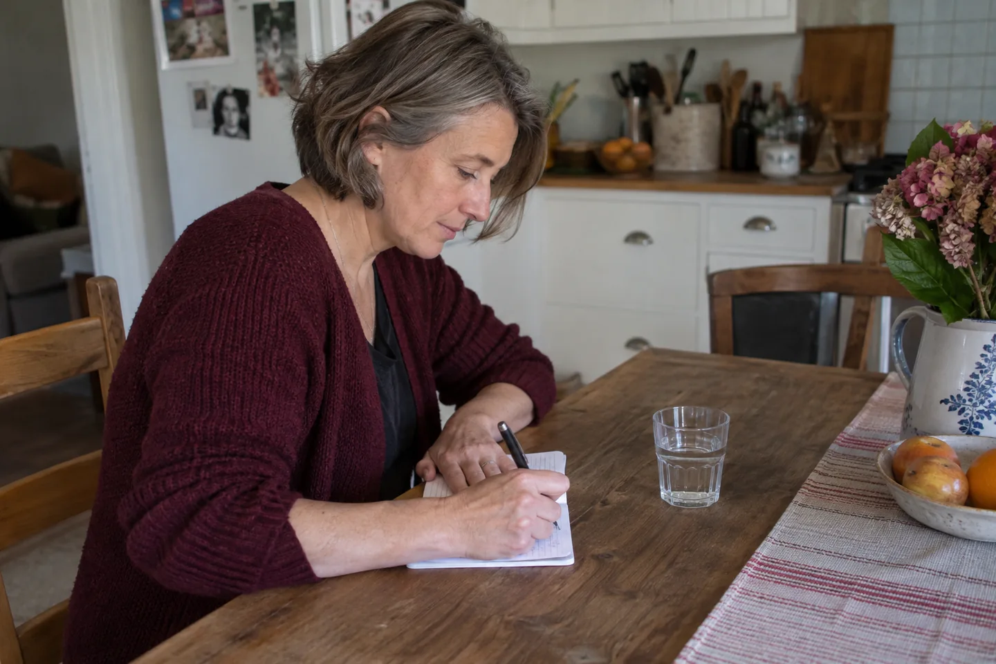 Femme en gilet bordeaux écrivant dans un carnet à la table de sa cuisine.