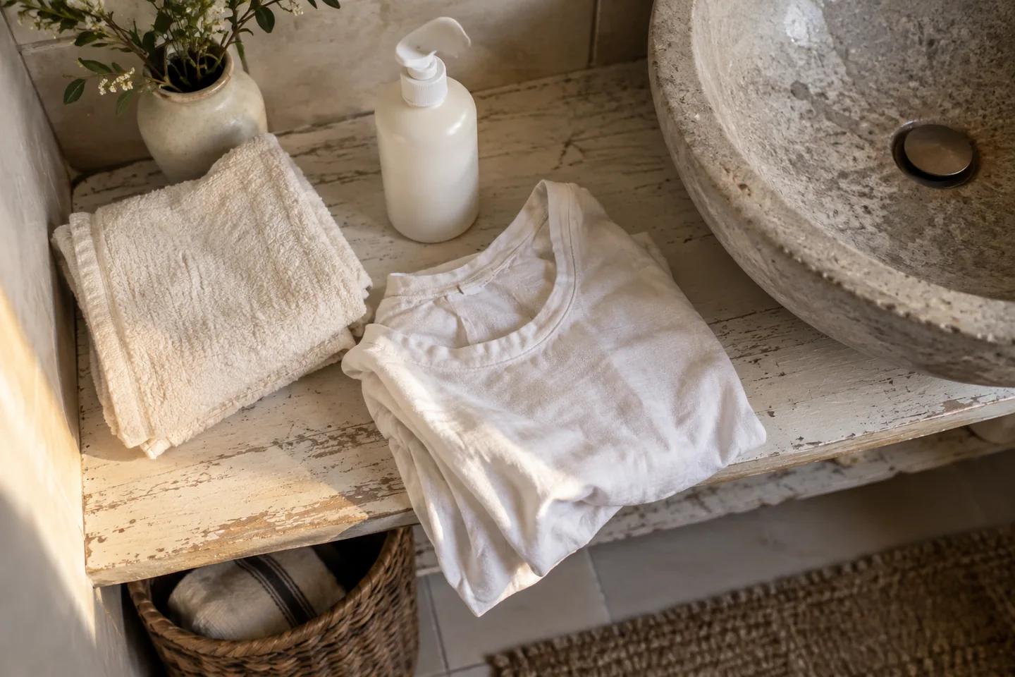 Linge plié, flacon sans étiquette et tee-shirt en coton près d’un lavabo.
