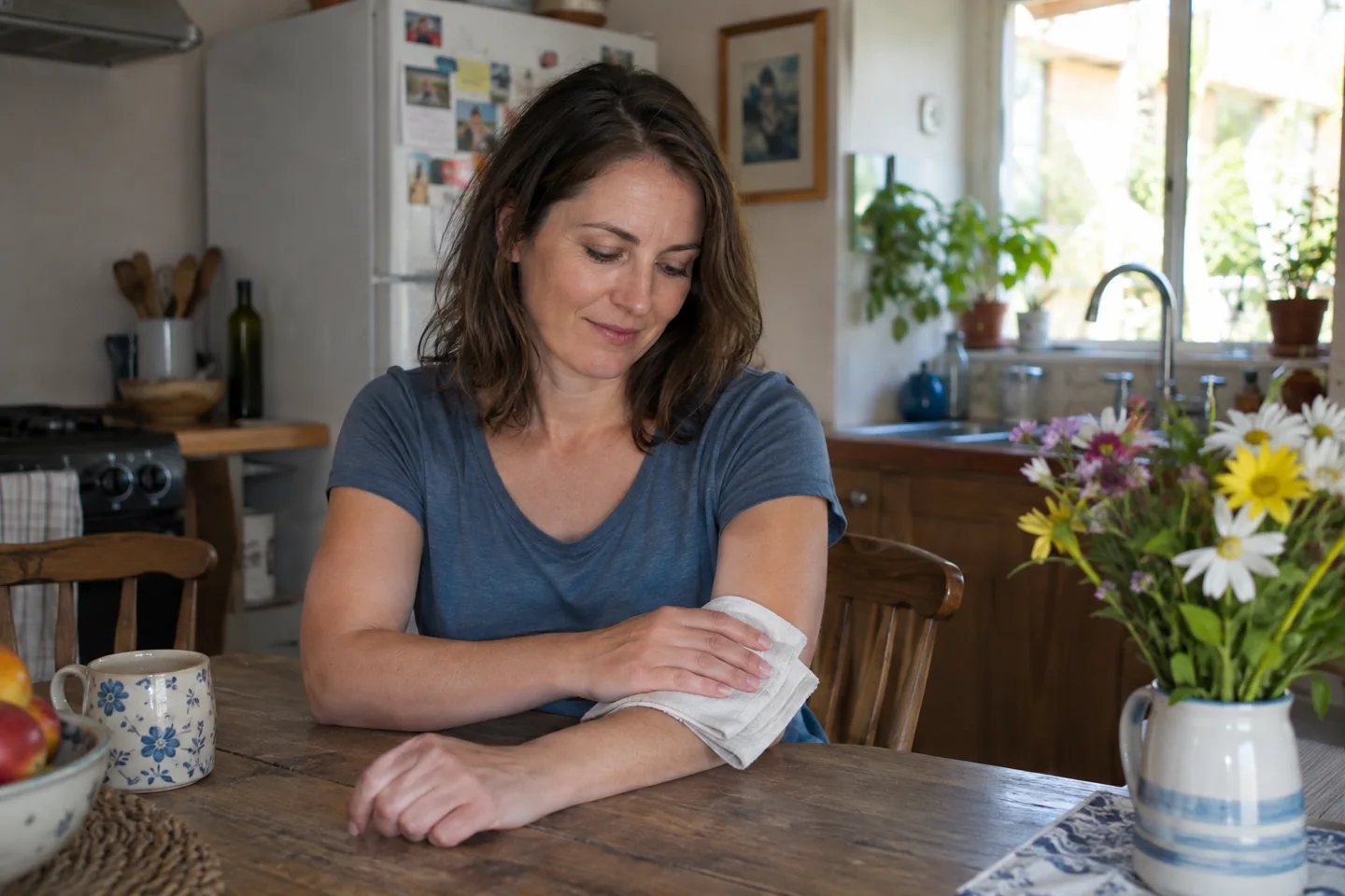 Femme en tee-shirt bleu posant un linge sur son avant-bras à une table de cuisine.