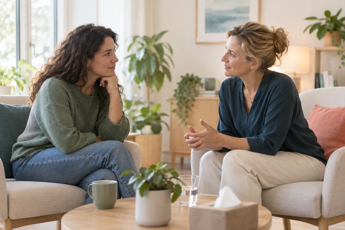 Une personne échange avec une professionnelle dans un espace de consultation lumineux et accueillant.