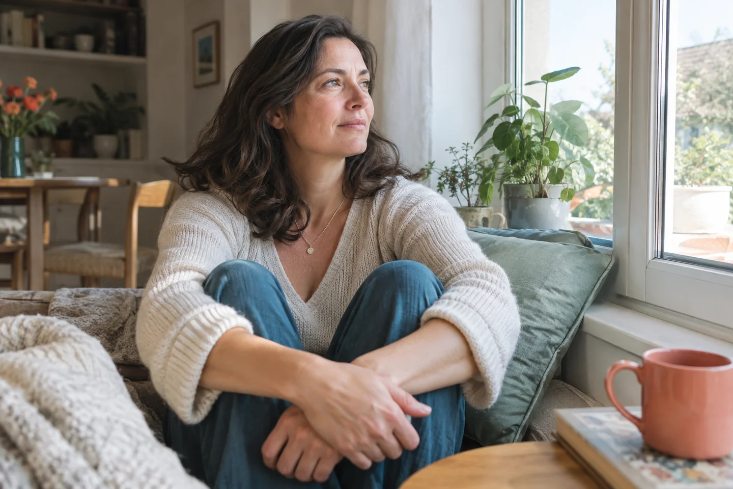 Une personne assise près d’une fenêtre prend un moment pour observer son état intérieur.