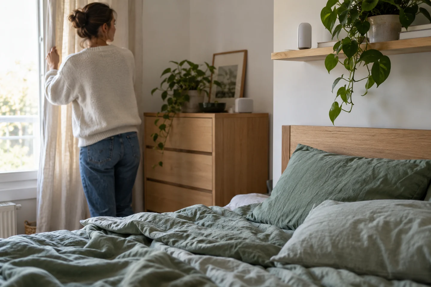 Petit capteur ambiant sans écran visible sur une étagère près d’un lit aux draps verts