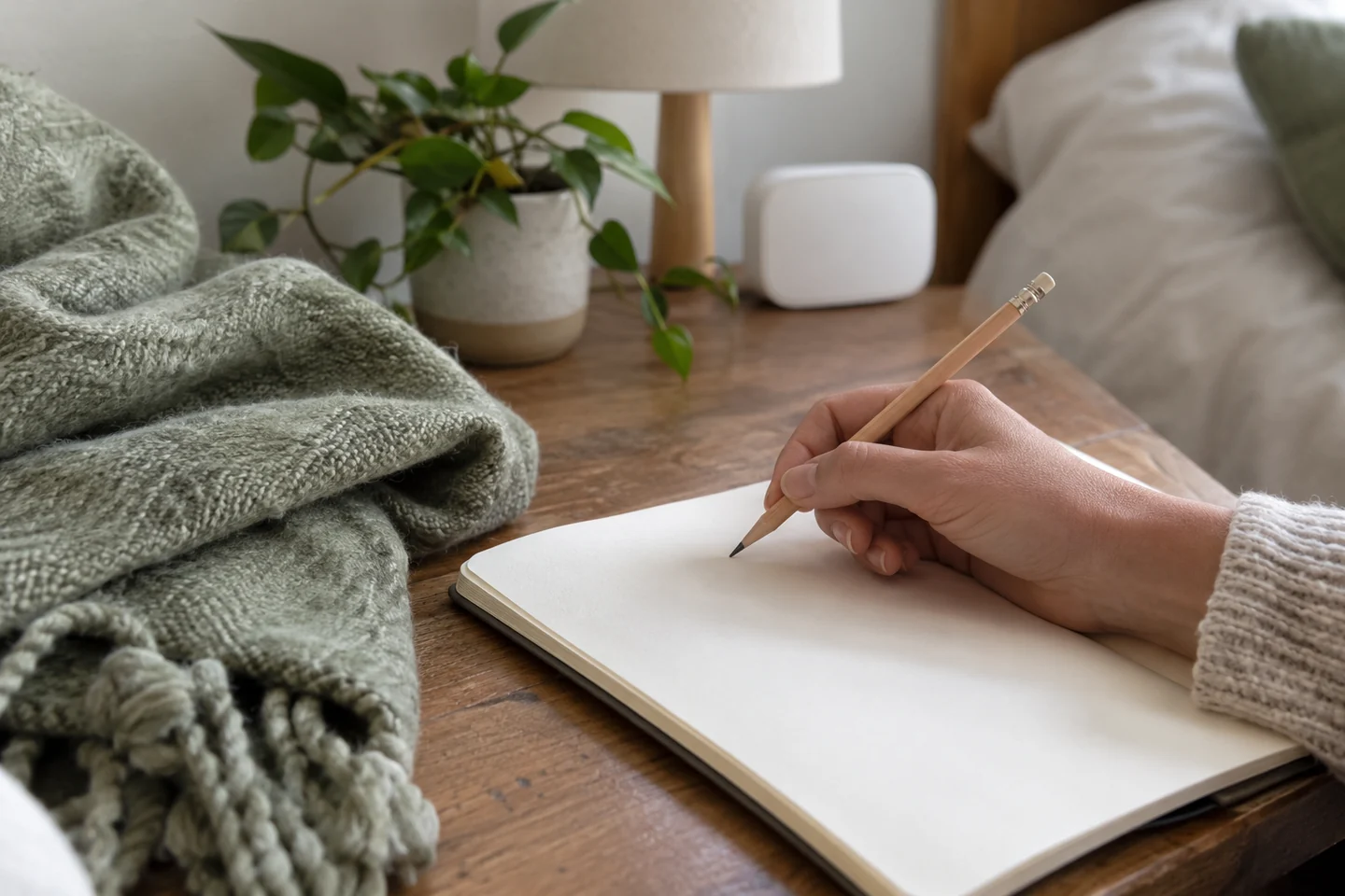 Main tenant un crayon au-dessus d’un carnet vierge près d’un capteur ambiant