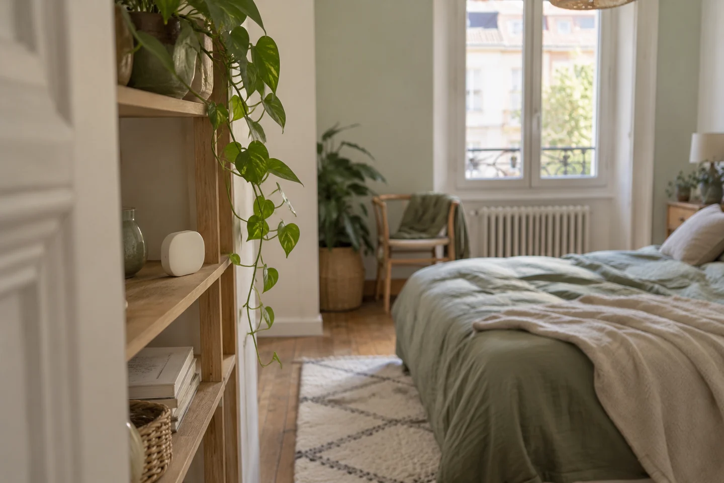Capteur sur une étagère dégagée, fenêtre et radiateur éloignés dans une chambre illustrative