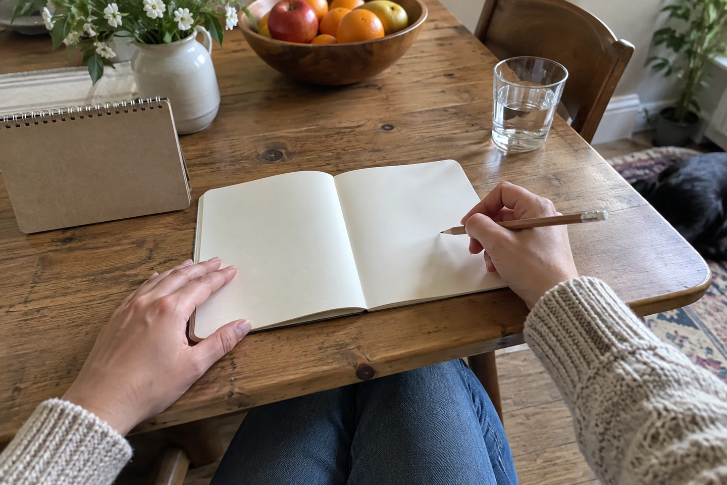 Carnet ouvert sans texte, crayon et verre d’eau.