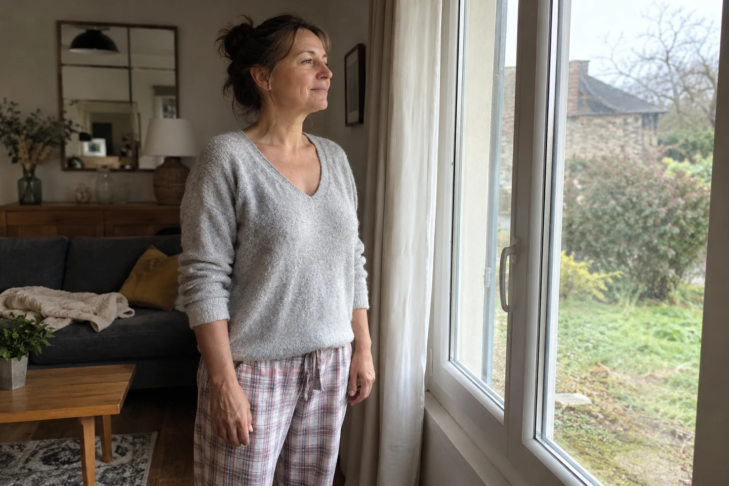 Femme debout près d’une fenêtre, les bras au repos.