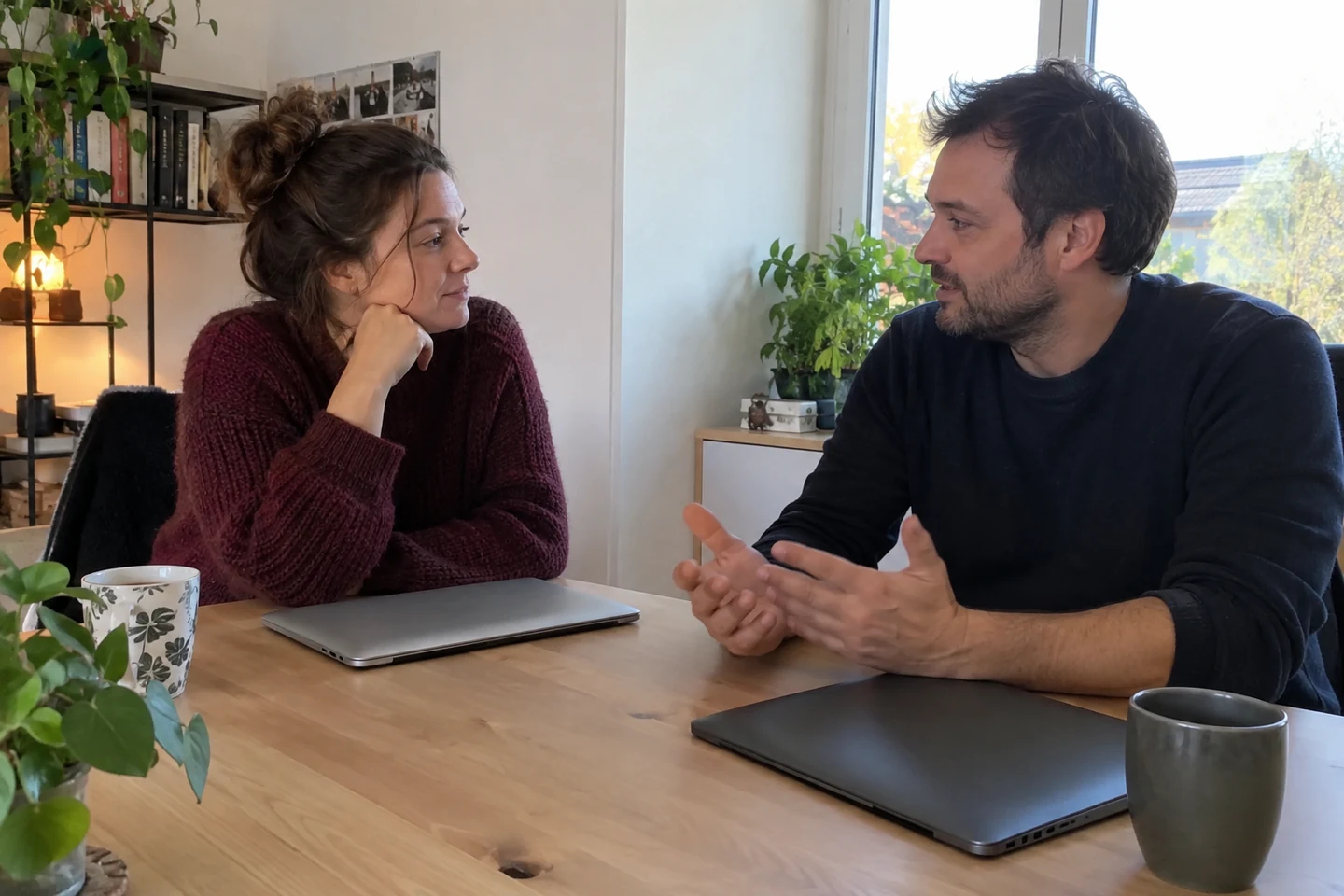 Deux personnes discutent à une table de bureau.