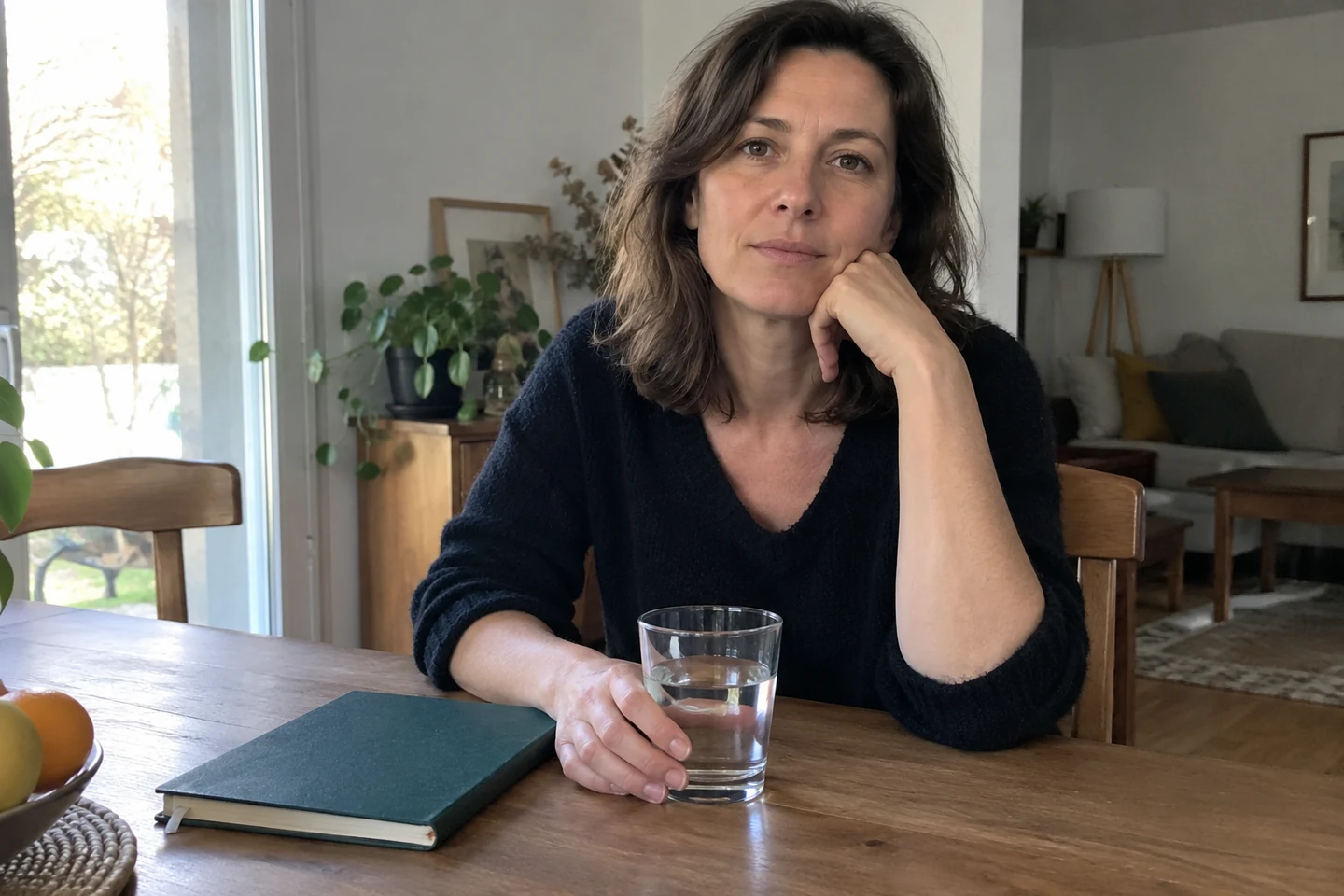 Femme assise à une table avec un carnet fermé et un verre d’eau.